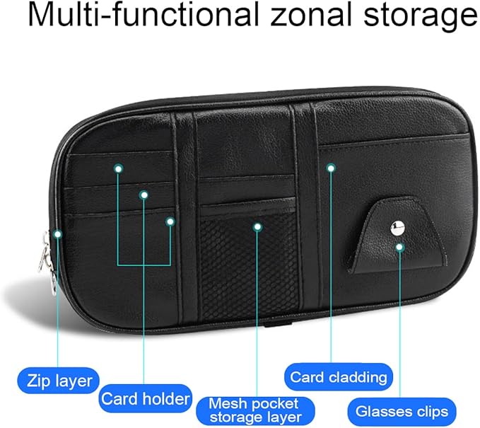Car Sun Visor Organizer, Sunglass Holder and Storage Pocket, Card Cash Pouch with Multi-Pocket Net Zipper, Case Bag for License Pen Key, Auto Interior Accessories for Truck, SUV, Van (Black)