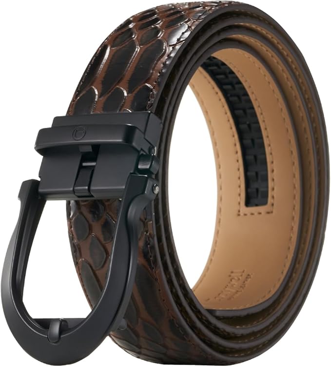 Tonywell Men's Ratchets Belt, Crocodile Embossed Texture, 1-3/8 Wide, Alligator Brown