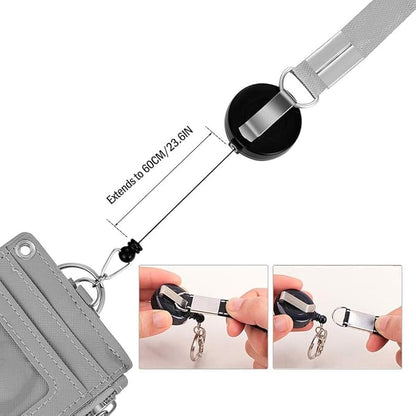 【2025 Latest】 Cute ID Badge Holder Retractable Lanyard Reel Clip with Heavy Duty Carabiner, 5 Card Slots in 2 Sided with Key Ring and Zipper for Students Teens Boys Girls Office Staff Women (Grey)