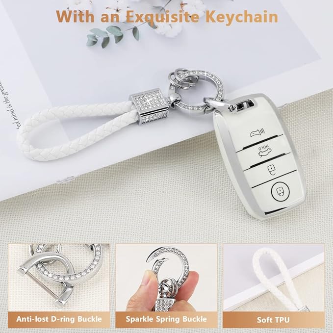 PIFOOG White Key Fob Cover for Kia Niro Forte Optima Sorento Rio Soul Sportage Accessories Soft TPU Car Keys Shells Cases 4 Button Full Covers Protector Keychain Girly Women