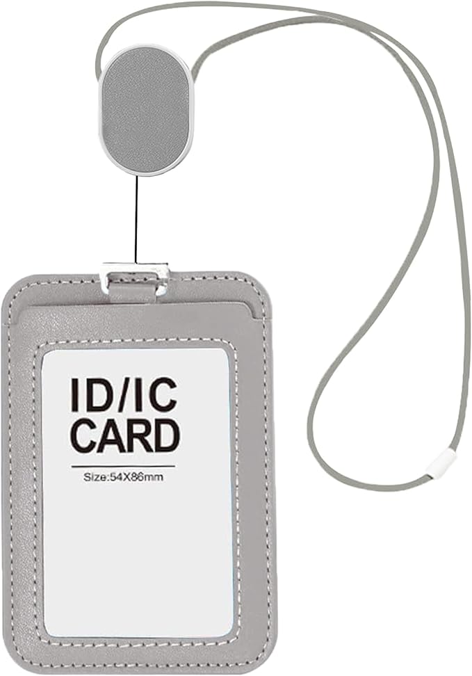 Larpur Retractable Badge Holder, PU Leather Work ID Card Holder Case for School Office, Horizontal/Vertical Key Card Credit Card Holders with Badge Reel Lanyard (Gray)