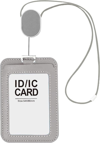 Larpur Retractable Badge Holder, PU Leather Work ID Card Holder Case for School Office, Horizontal/Vertical Key Card Credit Card Holders with Badge Reel Lanyard (Gray)