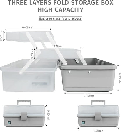 Creahaus 13 inch Art Craft Organizer Storage Box with 3 Layer, Multipurpose Plastic Tool Box with Handle for Sewing, Art Supply, Medicine, Nail, Hair Accessories (Grey)