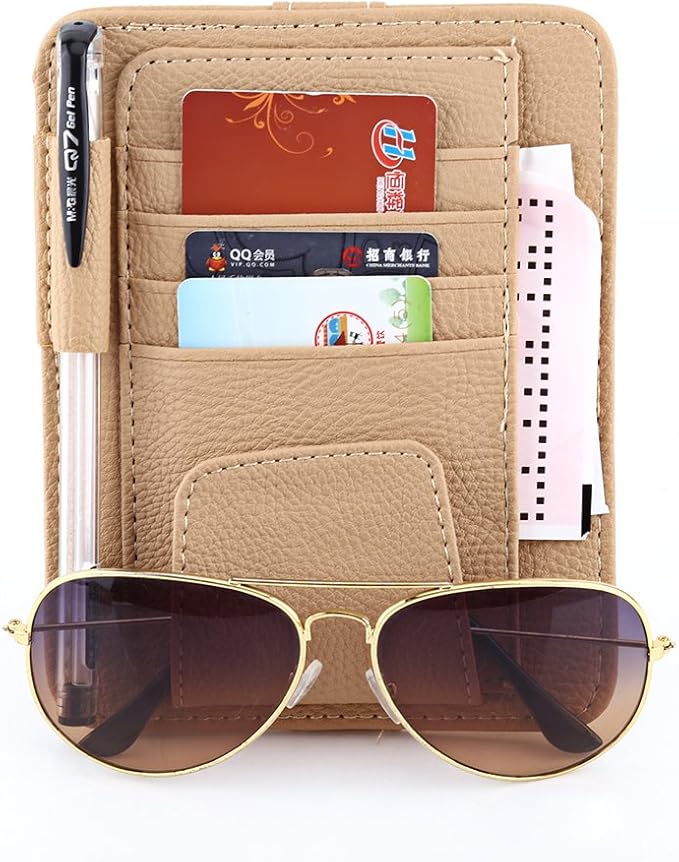 Multi-function Car Sun Visor Organizer Card Storage Glasses Holder Clip Pouch Bag Hanging Holder PU Leather(Beige)