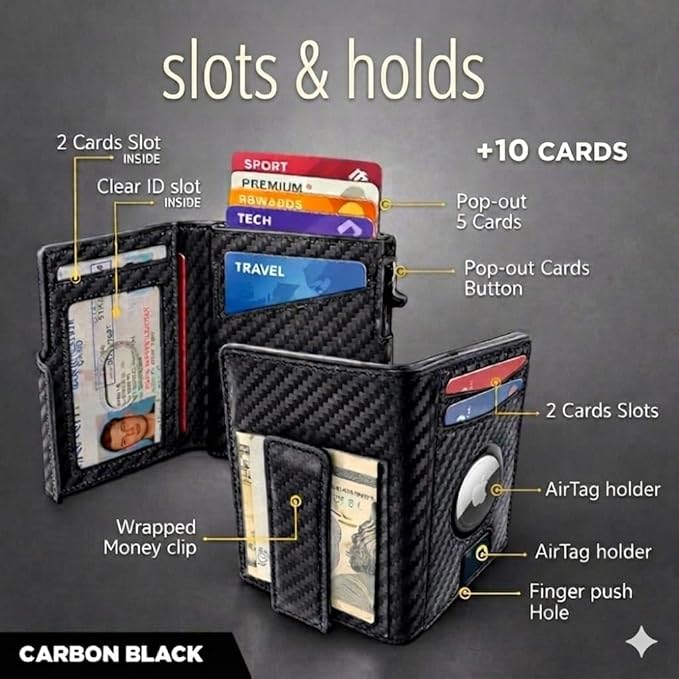Mens Wallet with AirTag Holder, RFID Blocking, Pop-Up Aluminum Card Holder, ID Window, Money Clip, Fits up to 12 Cards, Slim & Minimalist, Smart, MicroFiber (Black), Gift Box, Billetera para Hombre
