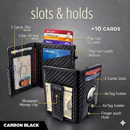Mens Wallet with AirTag Holder, RFID Blocking, Pop-Up Aluminum Card Holder, ID Window, Money Clip, Fits up to 12 Cards, Slim & Minimalist, Smart, MicroFiber (Black), Gift Box, Billetera para Hombre