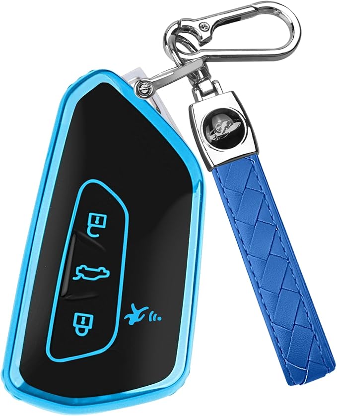 FT FUNTOR Key Fob Cover for Volkswagen,Soft TPU Full Protection Case Compatibale With VW Golf GTI Atlas Skoda Octavia ID3 ID4 MK8 (Blue, 4 Buttons)