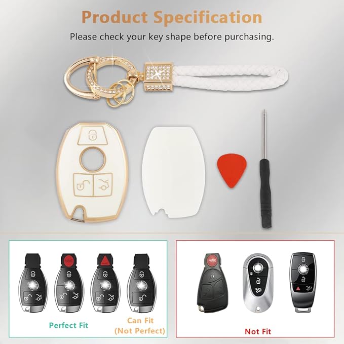 PIFOOG for Mercedes Benz Key Fob Cover Key Chain Girly Women TPU Keys Shell Case 3 Buttons Protector Accessories for Mercedes C E S Class AMG GLA GLC GLE GLK CLA CLS GLS White Gold