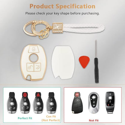 PIFOOG for Mercedes Benz Key Fob Cover Key Chain Girly Women TPU Keys Shell Case 3 Buttons Protector Accessories for Mercedes C E S Class AMG GLA GLC GLE GLK CLA CLS GLS White Gold