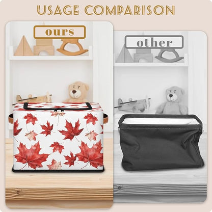 Red Maple Leaf Storage Bins With Zipper Lid, Collapsible Trunk Organizer, Car Organizers and Storage Bins with Lids, Autumn Decorative Storage Boxes with Handle, Home Storage Baskets for Organizing