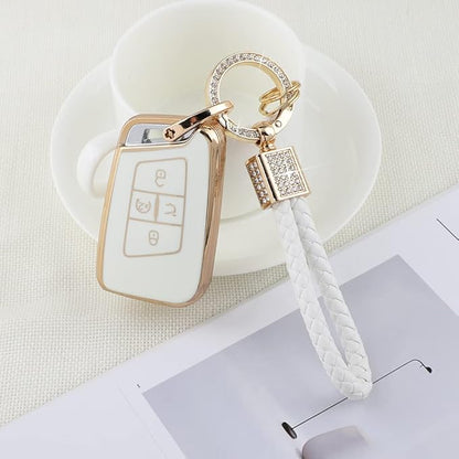 PIFOOG Key Fob Cover for VW Volkswagen White Gold Bling Keychain Tiguan Atlas Jetta Taos Arteon Car Accessories Cute TPU Smart Keys Case Shell Protector Crystal Girly Women
