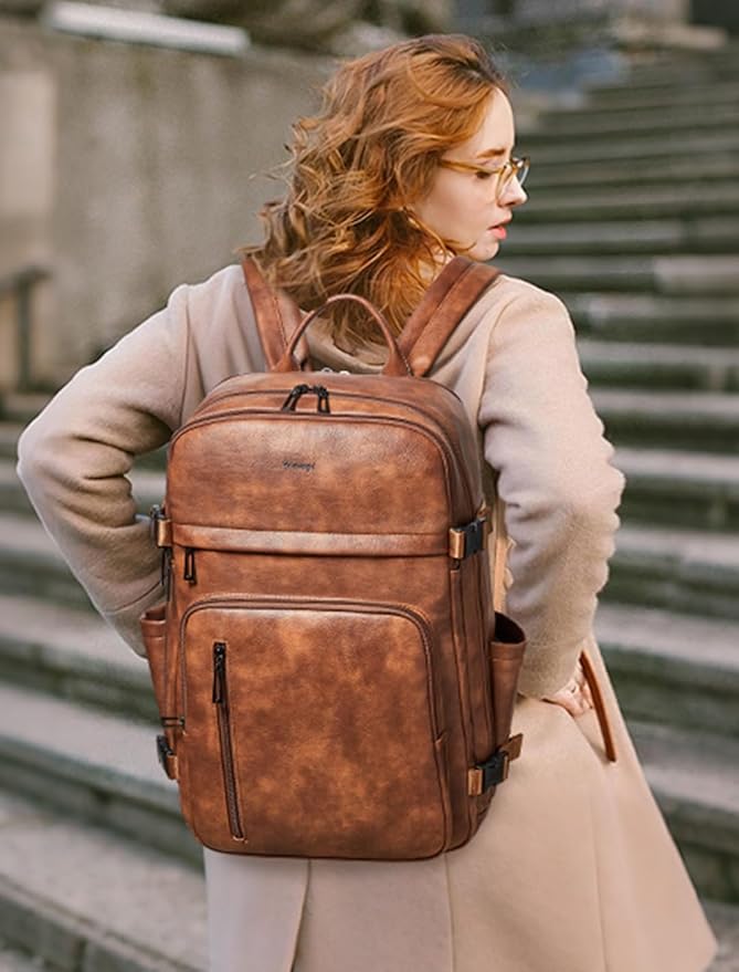 Travel Backpack for Women and Men, Fits 17.0" Laptop, Stylish Lay-Flat Carry-on Vegan Leather Backpack with Luggage Strap for Travel and Daily Use