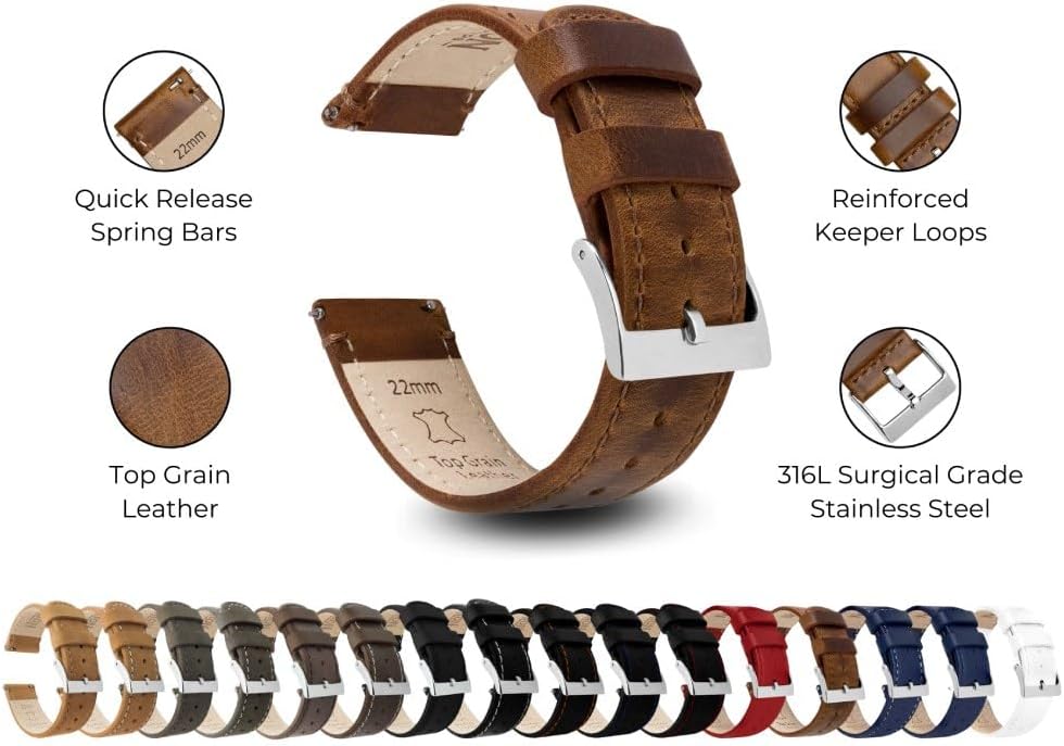BARTON WATCH BANDS - Top Grain Leather Watch Bands Compatible with Apple Watch Models - 1, 2, 3, 4, 5, 6, 7, 8, 9, 10, SE, Ultra & Ultra 2