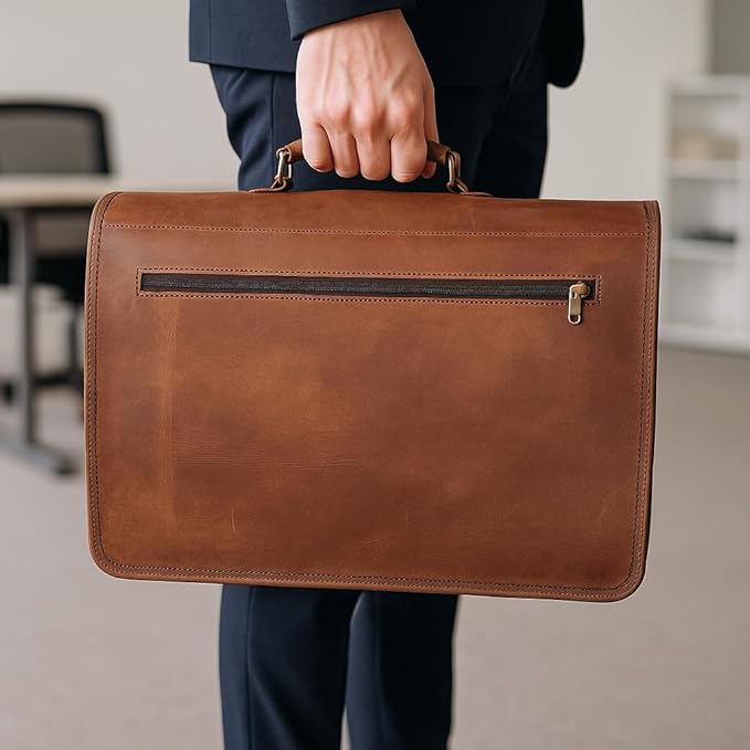 Leather Messenger Bag for Men and Women 18 inch Large Vintage Leather Briefcase Laptop Shoulder Bag Unisex Crossbody Messenger Satchel for Office, Business, Work, Travel