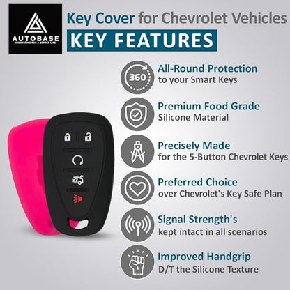 Autobase Silicone Key Fob Cover for Chevy Malibu Camaro Trax Traverse Trailblazer Sonic Cruze Blazer Volt Equinox Spark | Car Accessory for Chevrolet | Key Protection Case 2 Pcs (Black & Pink)