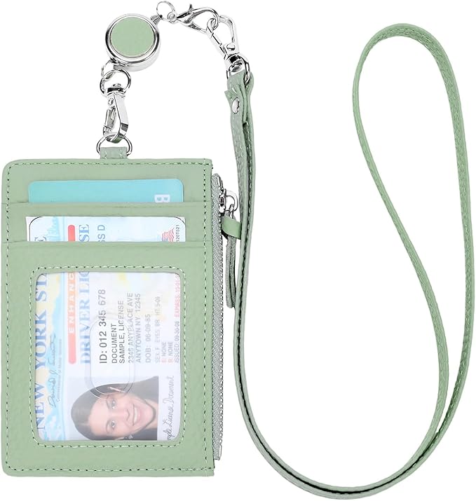 SENDEFN Retractable Badge Holder Wallet, Genuine Leather ID Card Holder with Removable Neck Lanyard Clasp, Five Card Slots, for Office Staff Women