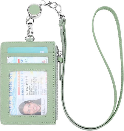 SENDEFN Retractable Badge Holder Wallet, Genuine Leather ID Card Holder with Removable Neck Lanyard Clasp, Five Card Slots, for Office Staff Women
