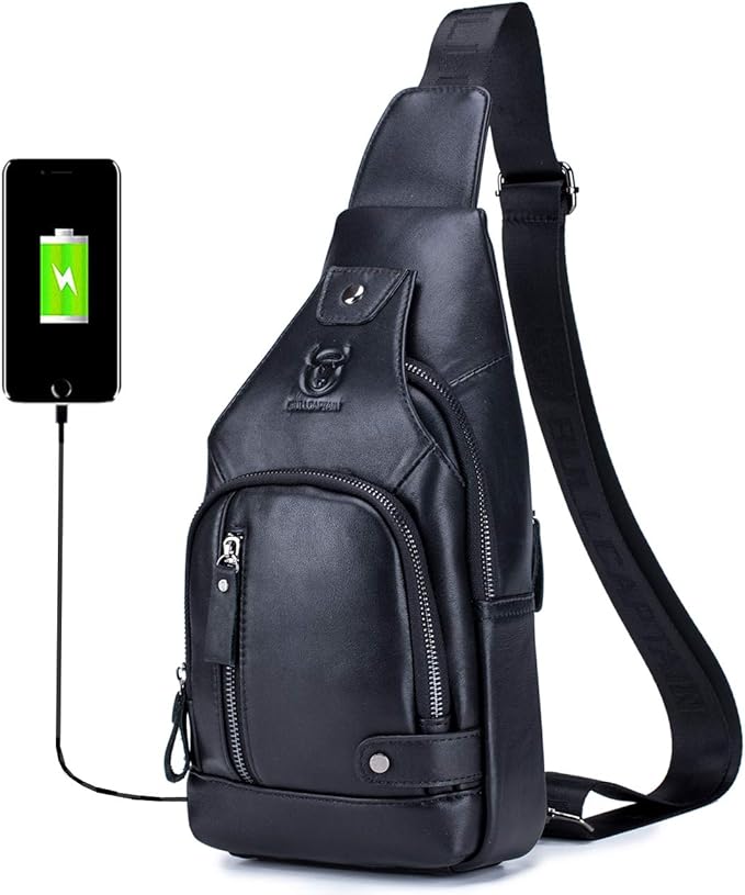 BULLCAPTAIN Genuine Leather Sling Bag with USB Charging Port Multi-pocket Chest Bag for Men Hiking Travel Daypack XB-129
