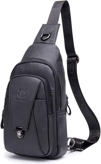Hebetag Leather Sling Bag Crossbody Backpack for Men Women Outdoor Travel Work Shoulder Chest Pouch Camping Casual Daypack Black 18cm(W) x8cm(D) x30cm(H)(7.08"x3.14"x11.81") approx;