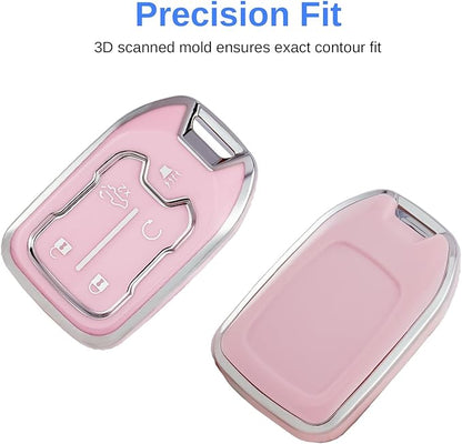 for GMC Key Fob Cover - TPU Key Shell Case Protector Compatible with Chevy Silverado and GMC Sierra 1500 2500HD 3500HD 5 Buttons Smart Remote Key, Pink