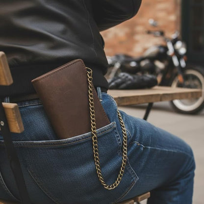 CLASSIC Motorcycle Chain Wallet for Men – Premium Cowhide Leather, RFID Bi-Fold Biker Wallet for Bikers Truckers & Hunters, Credit Card Money Organizer Long Wallet Crazy Horse Brown Vintage Chain