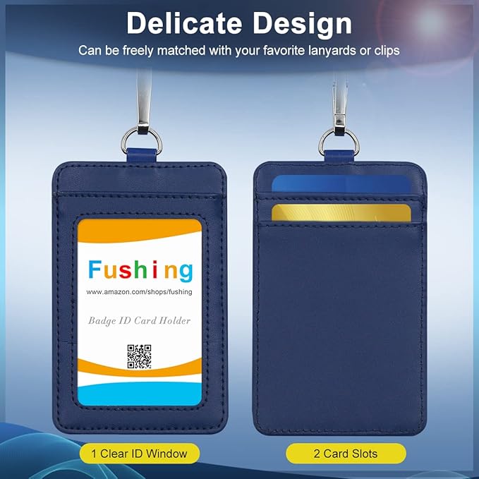Fushing 2-Sided Leather ID Card Holder with Lanyard, Genuine Leather Badge Holder with 1 ID Window, 2 Card Slots, 1 Piece 18.7" PU Leather Detachable ID Lanyard with Swivel J Hook(Blue, Vertical)