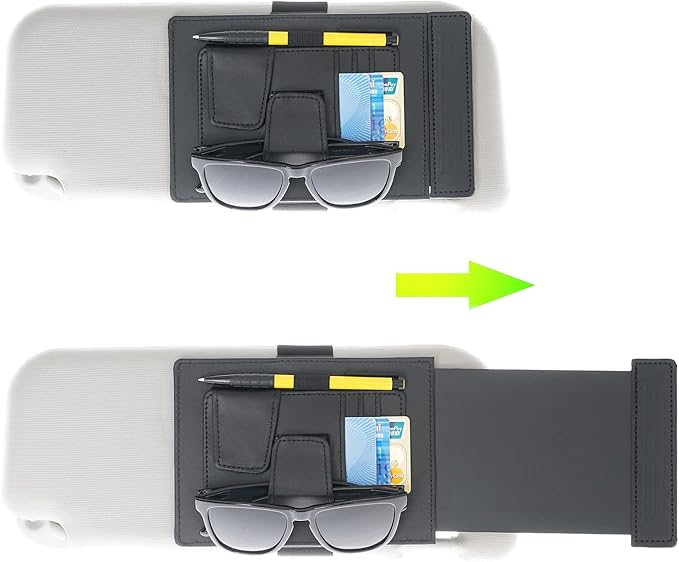 TFY Car Sun Visor Extender and Organizer, Universal Sunshade Anti-Glare, Vehicle Storage Holder for Sunglasses, Pens and Cards, Multi-Pocket Auto Interior Accessories - 1 Piece (Black)