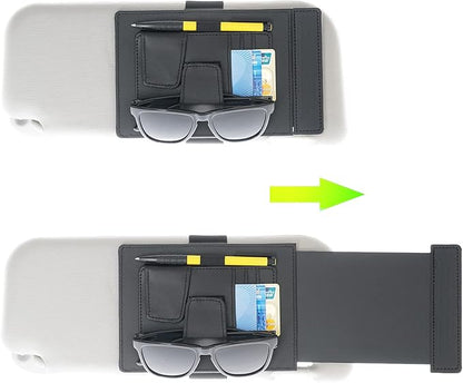 TFY Car Sun Visor Extender and Organizer, Universal Sunshade Anti-Glare, Vehicle Storage Holder for Sunglasses, Pens and Cards, Multi-Pocket Auto Interior Accessories - 1 Piece (Black)