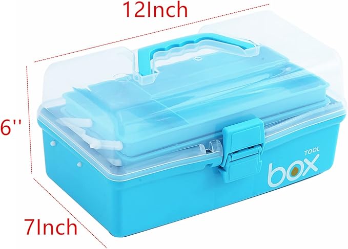 Kinsorcai 2PCS 12'' Three-Layer Clear Art Box Organizer, Multipurpose Plastic Craft Box with Handle (Blue)