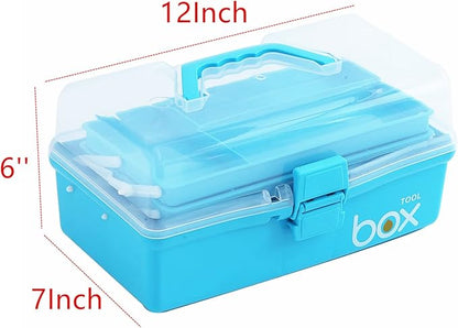 Kinsorcai 2PCS 12'' Three-Layer Clear Art Box Organizer, Multipurpose Plastic Craft Box with Handle (Blue)