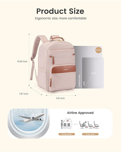LOVEVOOK Laptop Backpack for Women with Leather Trim & Tumbler Pockets, 15.6" Work Backpack Purse, Travel Personal Item Bag, Carry On Business Computer Bag for Office, School, or Gift, Soft Milk