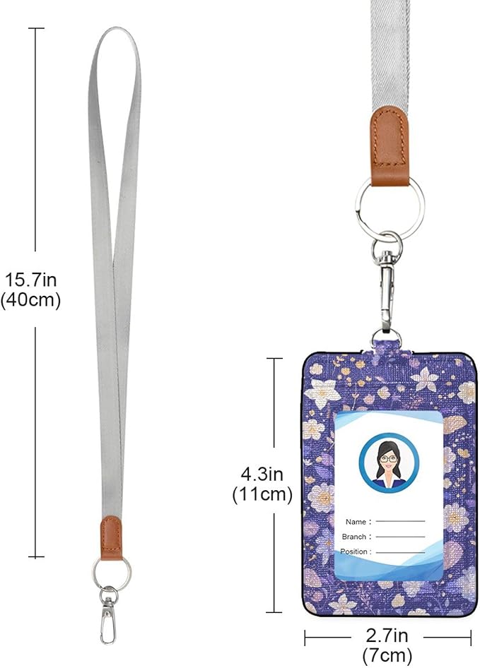 Badge Holder, Flowers Purple PU Leather School College Business ID Badge Card Holder Wallet Case with 1 Clear Window, 2 Credit Card Slots and Detachable Neck Lanyard - Vertical