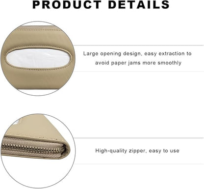 Car Tissue Holder, Sun Visor Napkin Box Premium PU Leather Tissue Case with Zipper, Rectangular Hanging Paper Organizer Mask Dispenser for Sedans SUVs Trucks, Car Accessories (Beige)