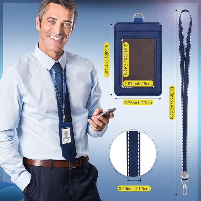Fushing 2-Sided Leather ID Card Holder with Lanyard, Genuine Leather Badge Holder with 1 ID Window, 2 Card Slots, 1 Piece 18.7" PU Leather Detachable ID Lanyard with Swivel J Hook(Blue, Vertical)