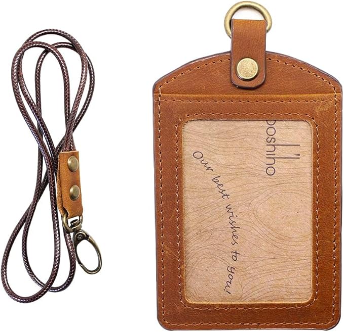 Badge Holder: Boshiho Cowhide Leather ID Badge Card Holder with 19" Neck Lanyard, Vertical Style (Light Brown)