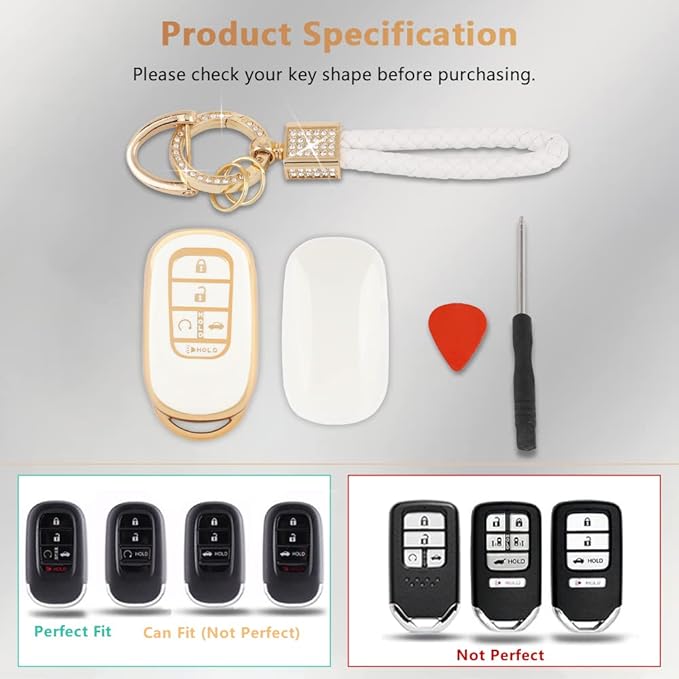 PIFOOG Key Fob Cover Fit for Honda 2025 2024 2023 CRV Civic Accord Pilot HRV 5 Button Car Smart Keys Shell Case with Bling Keychain Full Protector Accessories White Gold TPU Cute Girly Women