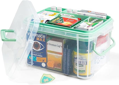 HEY FOLY 15qt Clear Medicine Organizer Storage Box with Tray, Plastic First Aid Box Empty, Thickened Medicine Container Chest, Multipurpose Medical Case with Labels, Medicine Caddy with Lids Handles