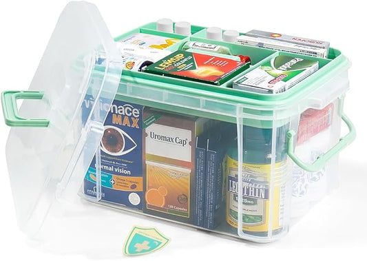 HEY FOLY 15qt Clear Medicine Organizer Storage Box with Tray, Plastic First Aid Box Empty, Thickened Medicine Container Chest, Multipurpose Medical Case with Labels, Medicine Caddy with Lids Handles