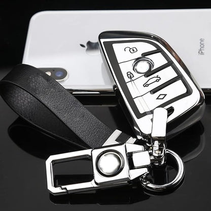 QBUC for BMW Key Fob Cover with Leather Keychain,for BMW 2 5 6 7 Series X1 X2 X3 X5 X6 X7 Premium Soft TPU Key Fob Holder