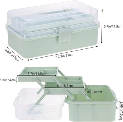 Tackle Box, Craft Organizers and Storage 3-Layer Portable Folding Toolbox, Plastic Tool Box with Handle for Sewing Supplies, Medicine, Art Supplies, Nails and Hair Accessories (Haze Green, 12.5inch)