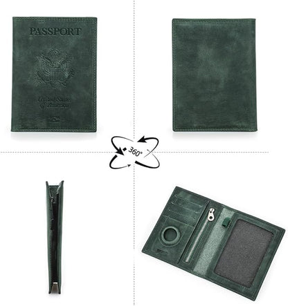 CONTACTS Full Grain Leather Passport Holder RFID Blocking Travel Passport Wallet Compatible with Airtag Passport Cover Case with 4 Card Slots, Coin Pocket (Badge, Green)