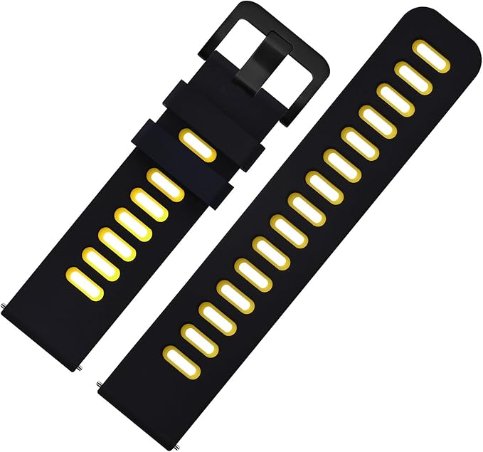 WOCCI 22mm Bicolor Watch Band, Silicone Rubber, Quick Release Replacement Strap for Men and Women, Black Stainless Steel Buckle (Black-Yellow)