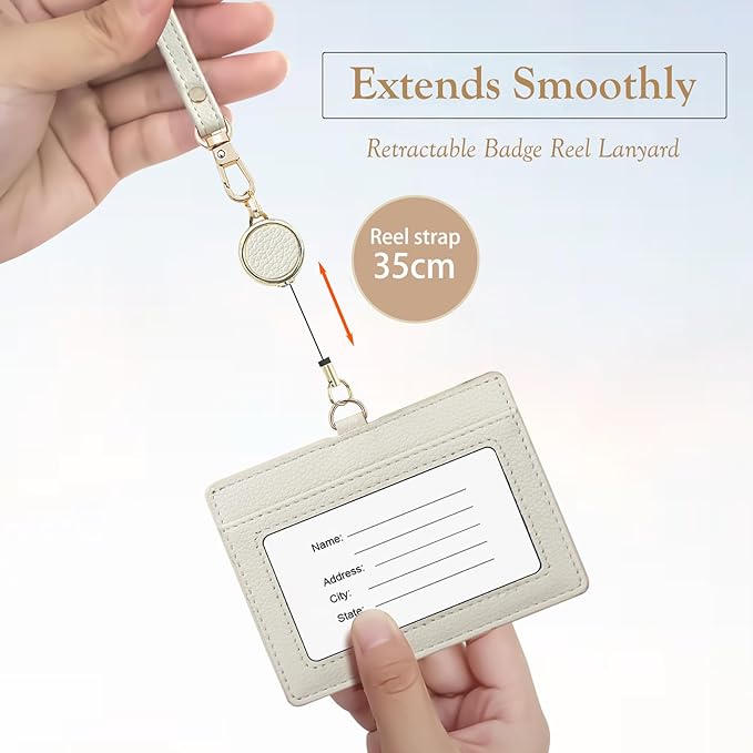 Office Badge Holder - Boshiho Genuine Leather Credit ID Card Holder with Stretch Neck Lanyard and Pen Clip, Gift Box (Horizontal-White)