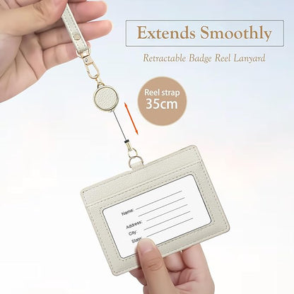 Office Badge Holder - Boshiho Genuine Leather Credit ID Card Holder with Stretch Neck Lanyard and Pen Clip, Gift Box (Horizontal-White)