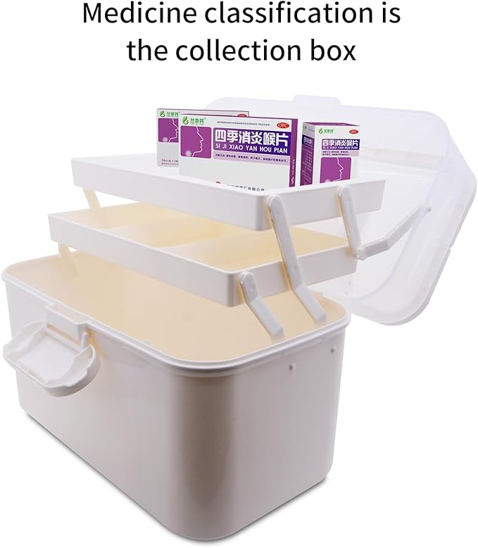 Portable Clear Medicine Box Empty, Family First Aid Dispenser/Art & Crafts Case/Folding Tool Organizer/Multipurpose Storage Container 3-Layers Storage Bin for Family Emergency (White)