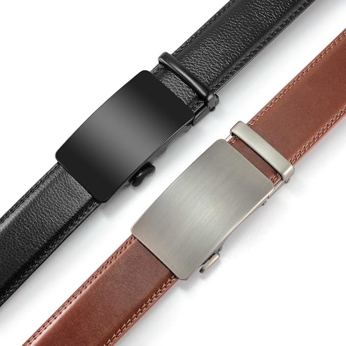 DOOPAI Men's 2 Pack Ratchet Dress Belt - Adjustable 1 3/8" Genuine Leather, Size Length Can Be Cut, With Gift Box