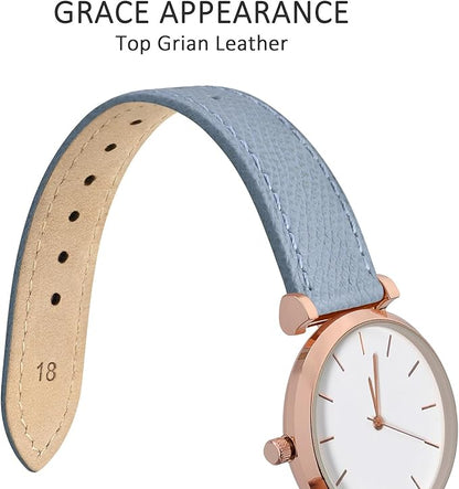 WOCCI 15mm Grace Leather Watch Band for Ladies, Top Grain Leather, Quick Release Replacement Strap with Rose Gold Buckle (Mist Blue)