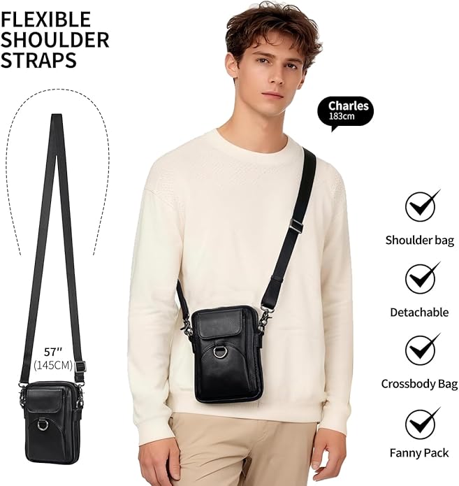 Augus Genuine Leather Small Crossbody Bag Cell Phone Messenger Purse Shoulder Waist Bag for Daily Use for Women and Men