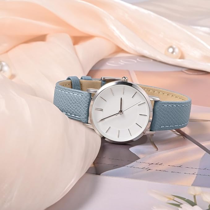 WOCCI 14mm Grace Watch Band for Ladies, Top Grain Leather, Quick Release Replacement Strap with Silver Buckle (Mist Blue)