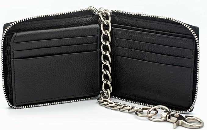 RFID Safe Leather Bi-fold Chain Wallet for Men Zip around Purse for Women Biker's Trucker YKK Metal Zipper Closure Filp up window ID (Black with Chain)